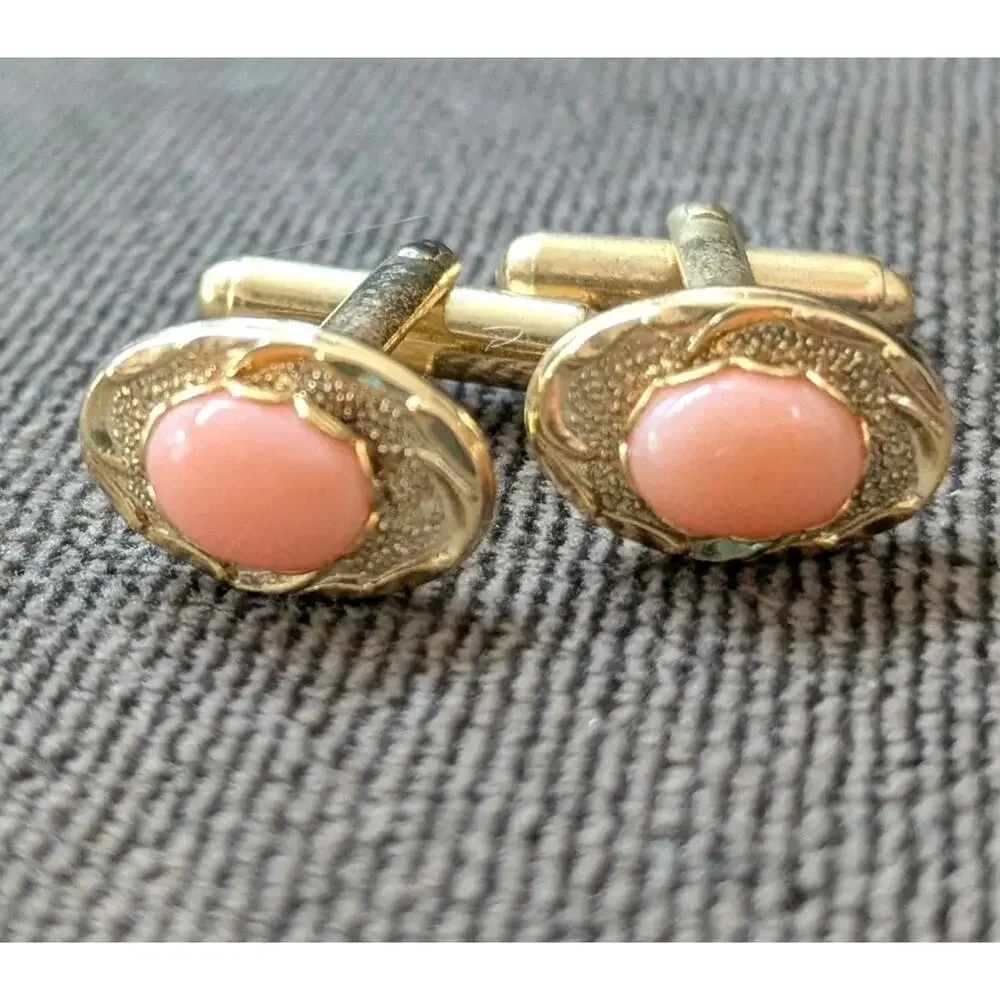 Cuff links & Tie Tack Bar Natural Pink Coral 4 PC set Gift Box Gold Tone Hawaii